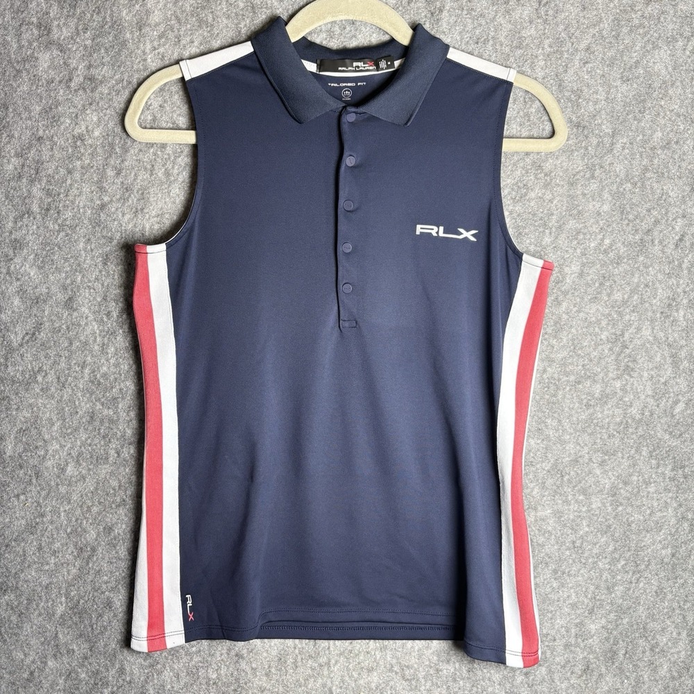 RLX Ralph Lauren Tailored Fit MED Wicking‎ Gym Tennis Golf Button Polo Top Navy